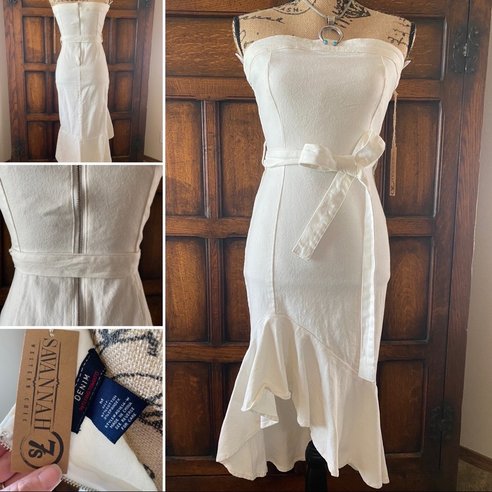 Stunning asymmetrical, strapless white denim dress.